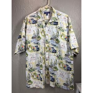 Clearwater Outfitters Florida Palm Tree Vintage Car Print Hawaiian Camp Shirt XL